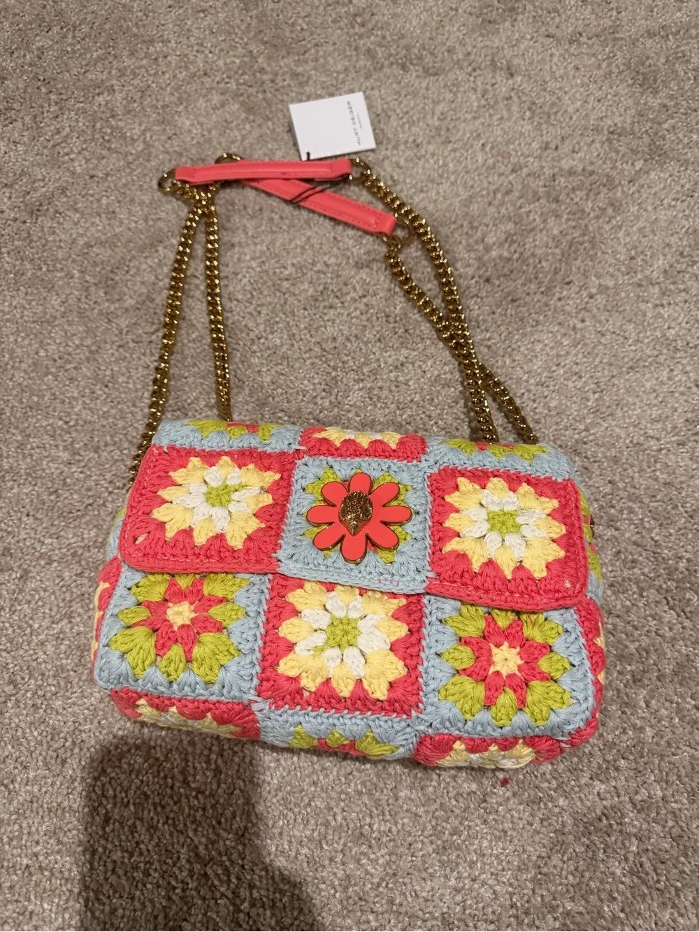 Kurt Geiger Crochet Floral Patch Crossbody in Coral, Light Blue & Lime